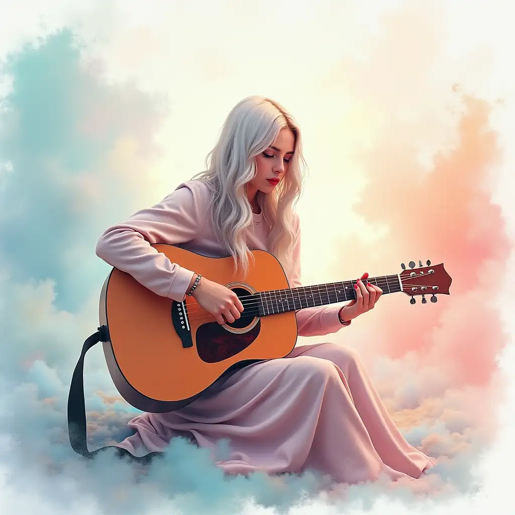 Billie Eilish, American singer-songwriter, sitting alone with her guitar, the background filled with flowing paint splashes in pastel colors and dynamic brush strokes that blend into clouds of soft light, the environment feels dreamy and reflective, capturing her introspective mood, Digital art, soft-focus painting with watercolor techniques, --ar 16:9 --v 5