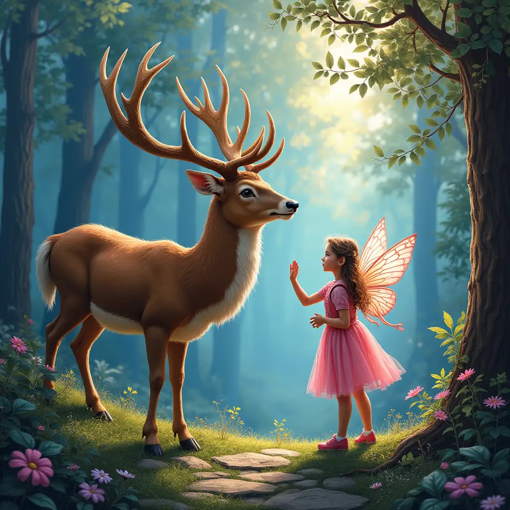 A diamond painting of a deer with antler and a fairy in a magical place.