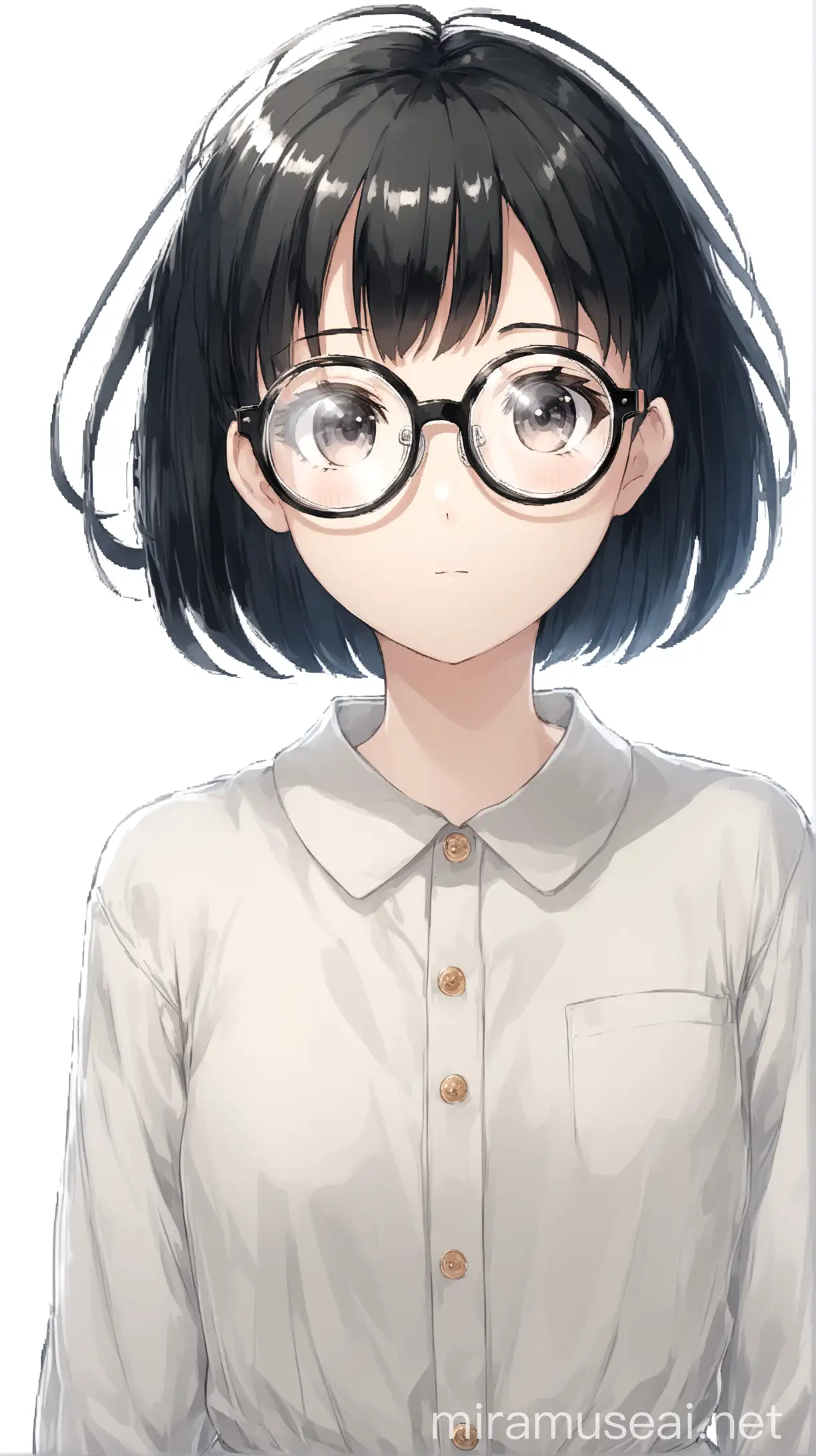 Anime Girl with Short Black Hair and Transparent Glasses in a LightThemed Background