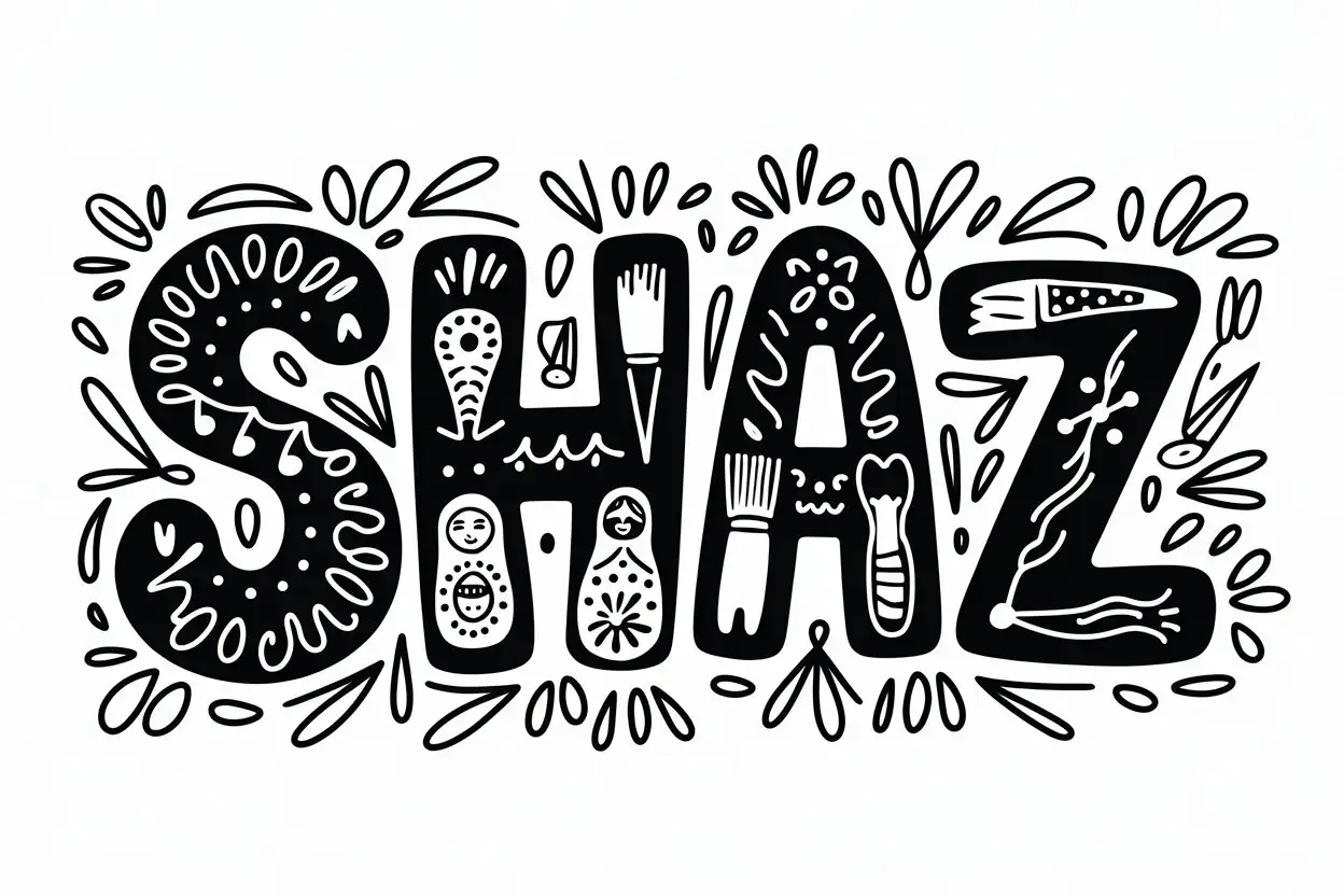 A black and white line drawing of the name 'Shaz' written in a playful font. The letters are adorned with whimsical elements such as russian dolls, scissors, and paint brushes. The overall composition has a lively and energetic feel.