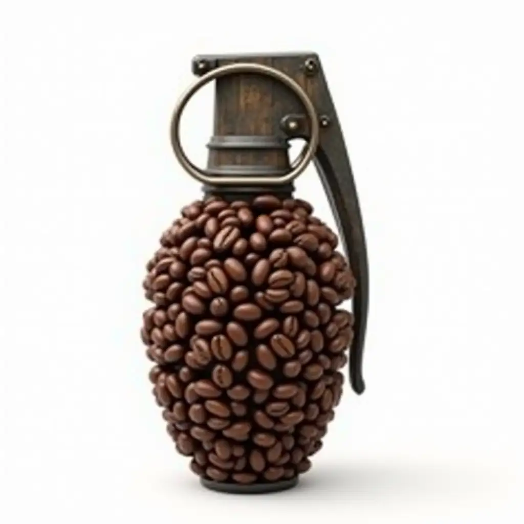 A highly realistic image of a grenade, but its entire body is made of coffee beans. The grenade retains all the intricate details of a real hand grenade, including its segmented texture, pin, and safety lever, but the surface is entirely composed of tightly packed, rich brown coffee beans arranged perfectly to mimic the grenade’s structure. The pin and lever are also crafted from coffee-related materials, such as a metallic espresso handle or coffee-stained wood, seamlessly blending into the design. The background is a clean white to emphasize the surreal transformation.