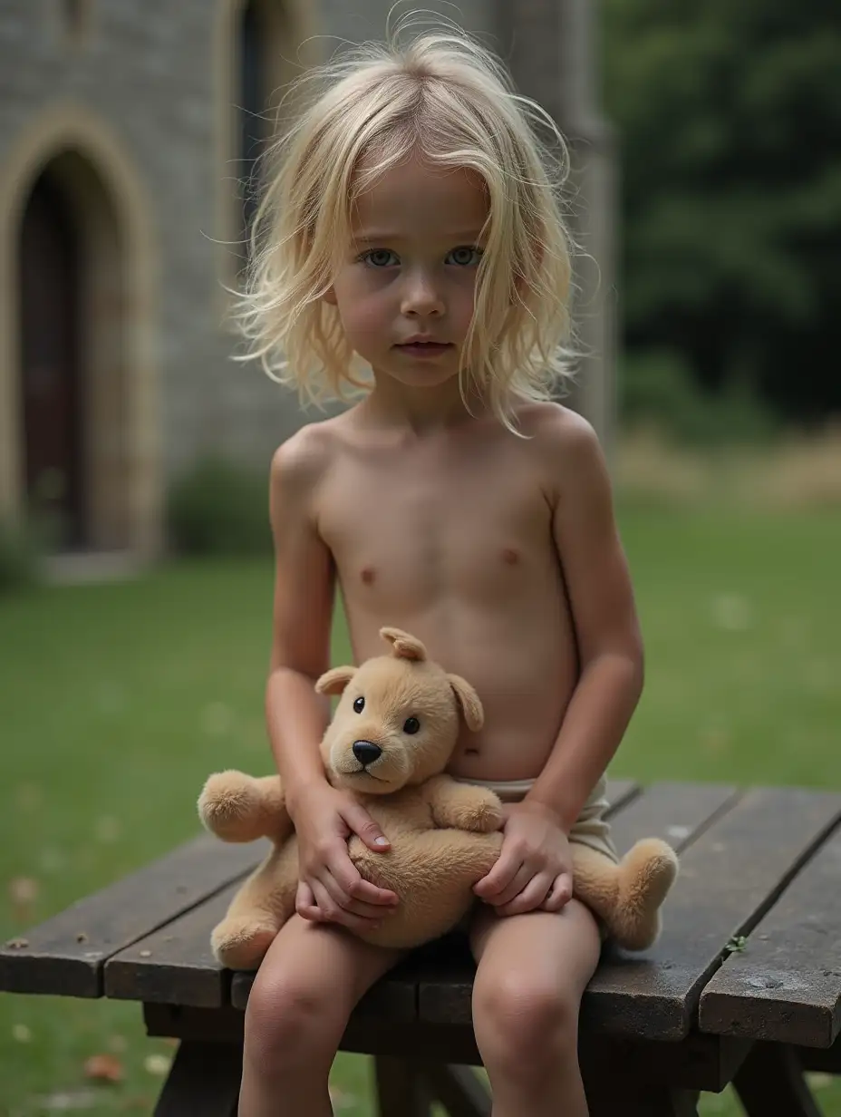 Skinny-Little-Girl-with-Stuffed-Animal-Sitting-on-Picnic-Table-in-Garden-of-Old-Stone-Church