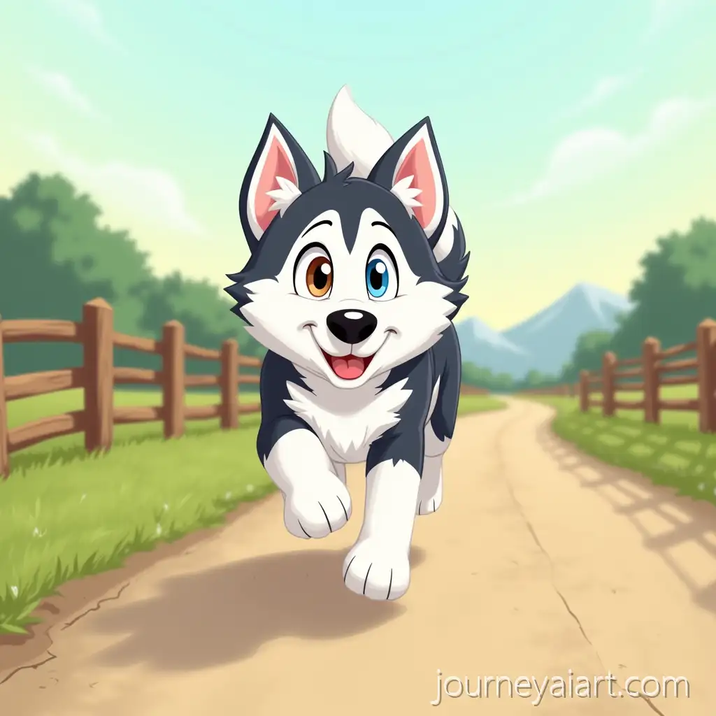 Cartoon-Siberian-Husky-Running-Down-a-Country-Road-with-Family-in-the-Distance
