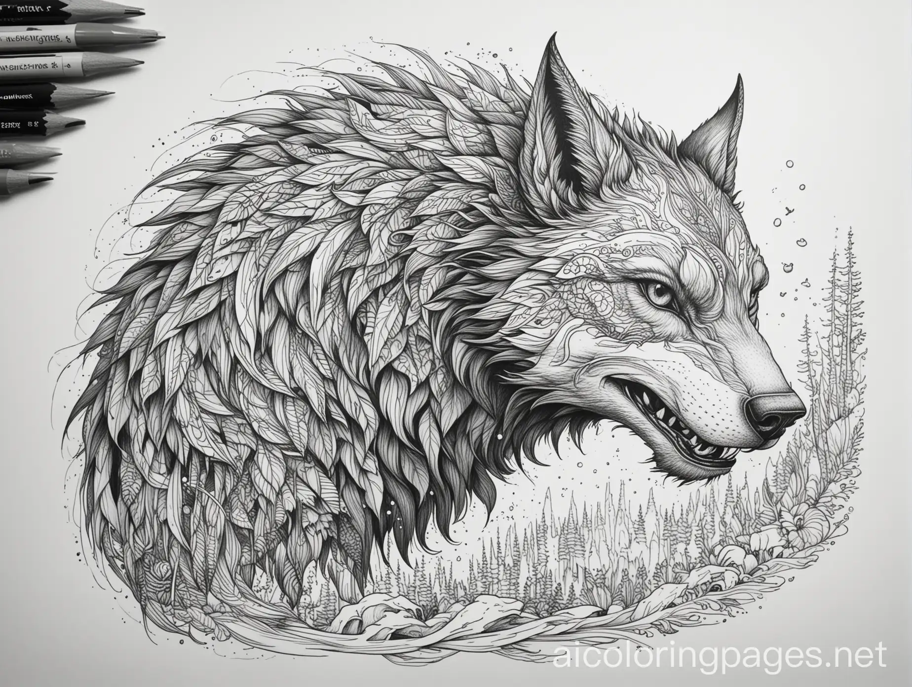 Mythical-Creature-Line-Art-Coloring-Page-Wolf-and-Troll-Hybrid-on-White-Background