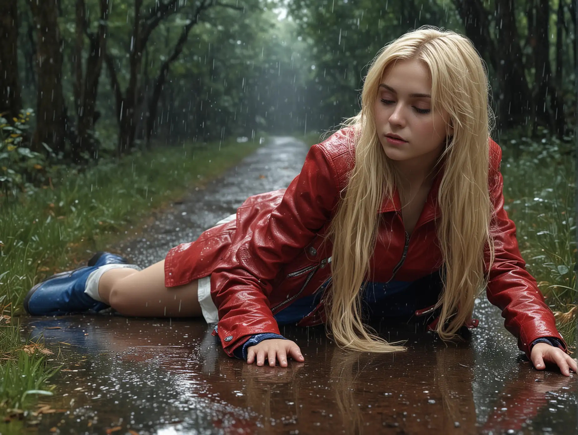 Woman-Crawling-Through-a-Forest-with-Golden-Sparkling-Rain-and-Intricate-Details