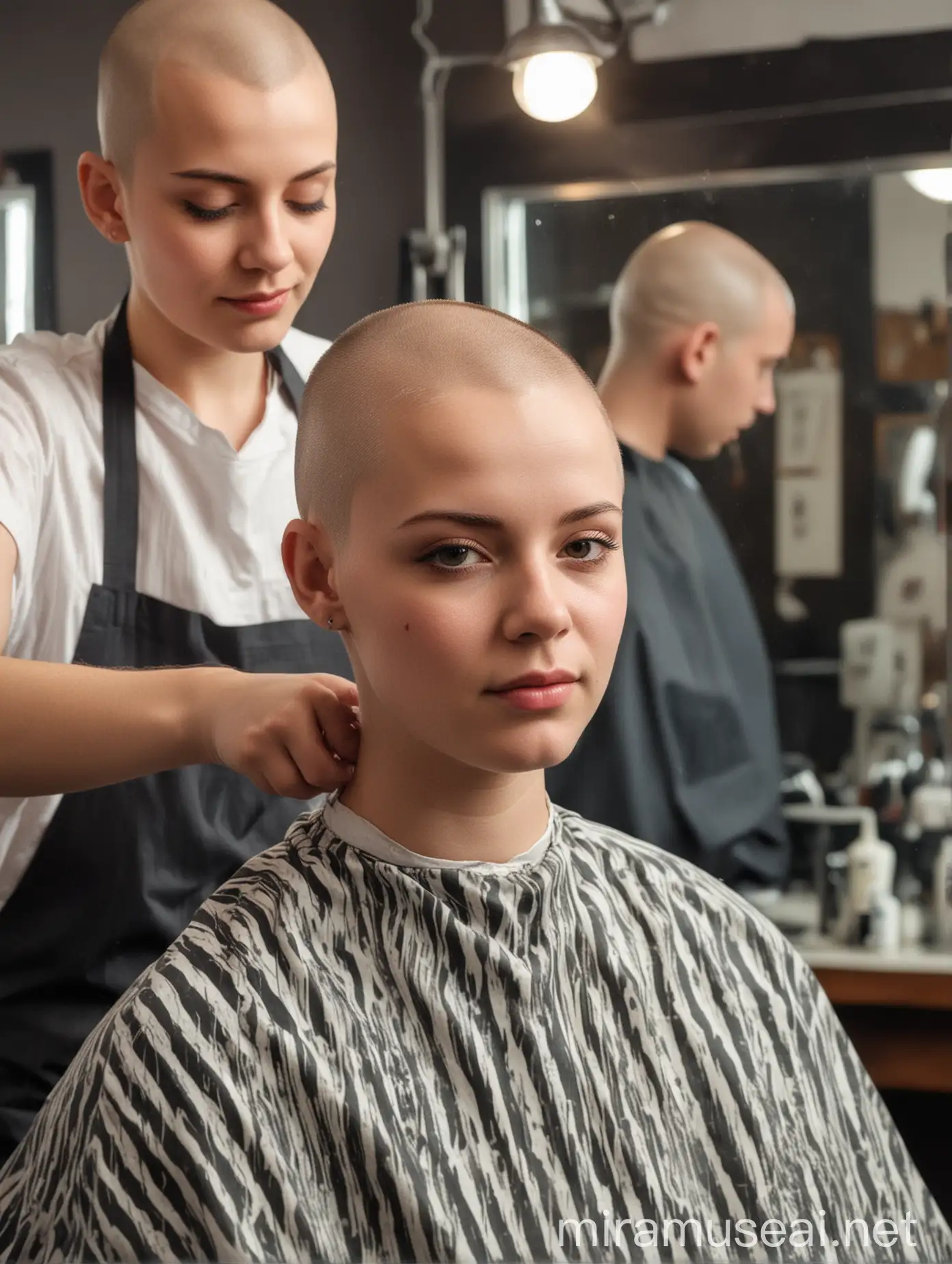 Young Woman Getting Head Shaved in Barber Shop Reflection in Mirror