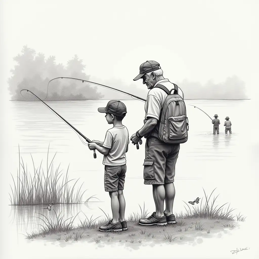 A charcoal sketch of a young boy and an older man, both fishing by a serene lakeside. The boy is wearing a modern Lake Blue cap, and both are casting lines into the water. In the background, there are subtle impressions of other people fishing and milling around. The scene is peaceful and inviting, sparking a sense of curiosity about the experience.