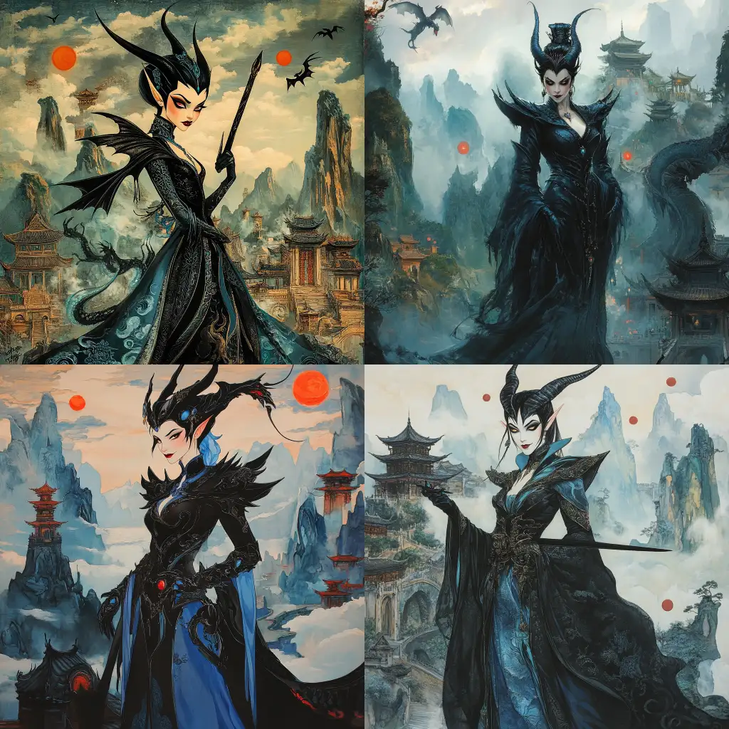 Maleficent-in-Medieval-Chinese-Armor-with-Dragons-and-Red-Suns