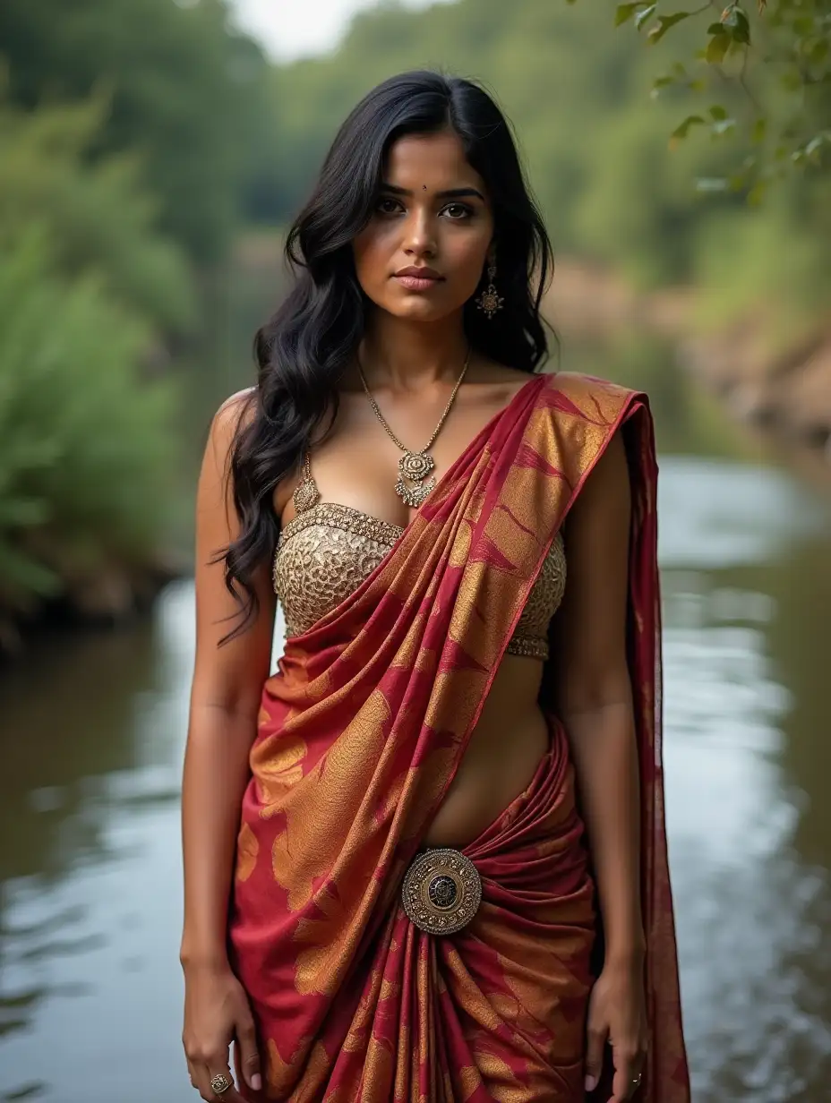 Indian saree bikini models near a stream, beautiful women, dusky skin, beautiful oval eyes, black hair, plus size