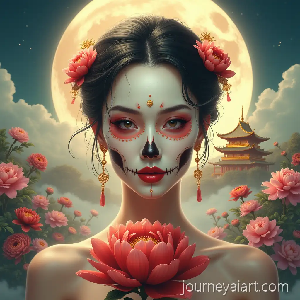 Elegant-Woman-Skull-with-Red-Lips-Holding-Flowers-Under-Moonlight-Over-Ancient-Golden-Palace