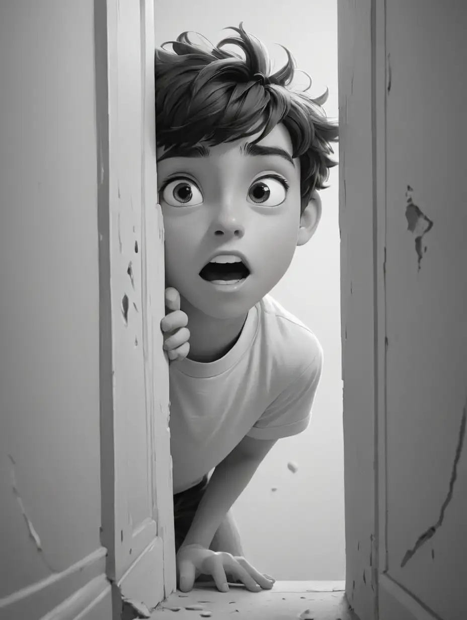 Cartoon Teen Peeking Around Corner in Black and White