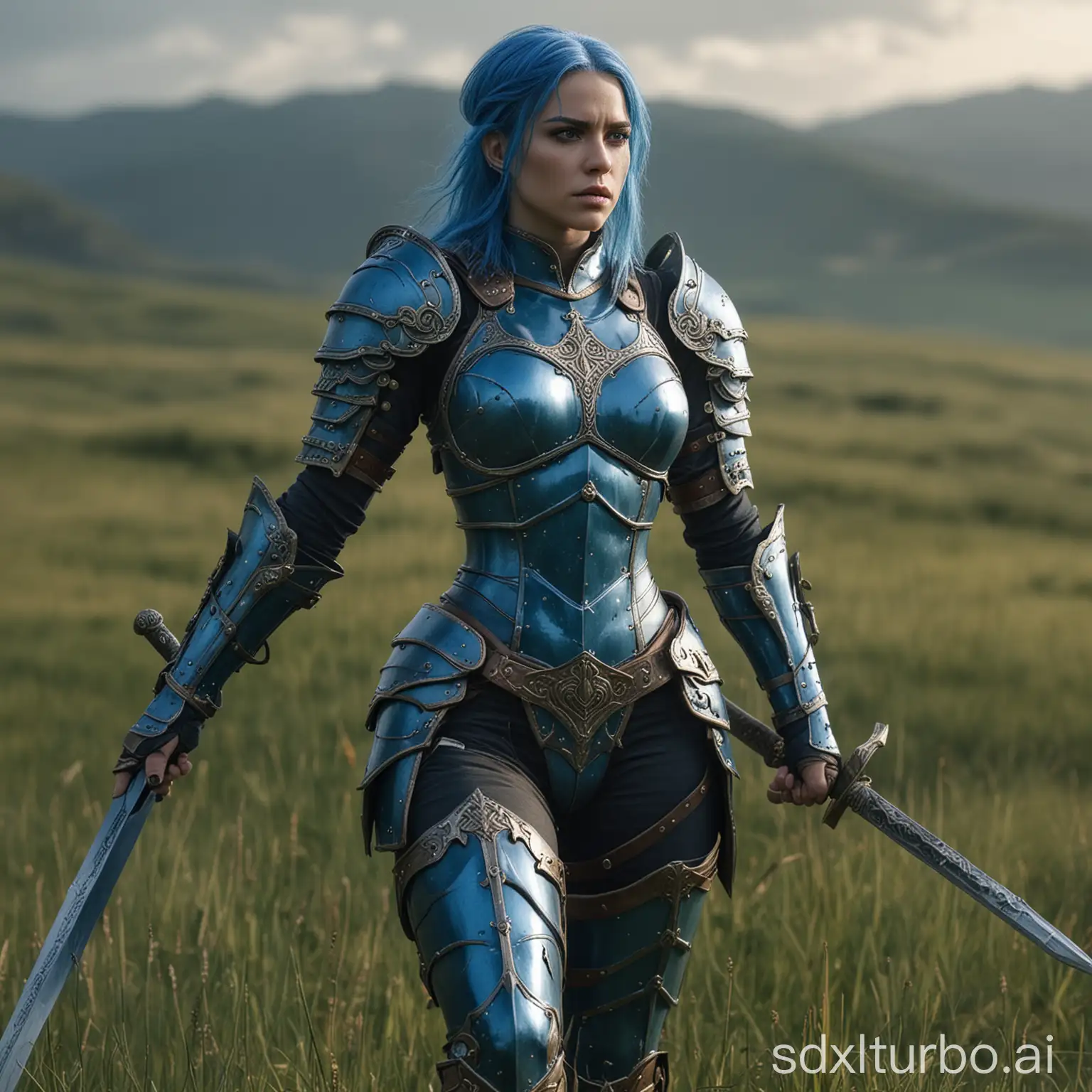 BlueHaired-Woman-Warrior-Standing-on-Grassland-with-Sword