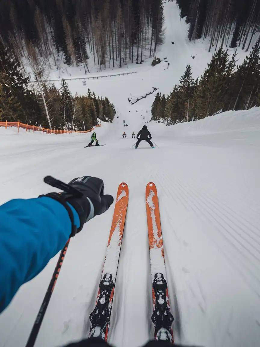 Skier-in-Action-on-Snowy-Winter-Trail-with-Ski-Track-and-Forest-Surroundings