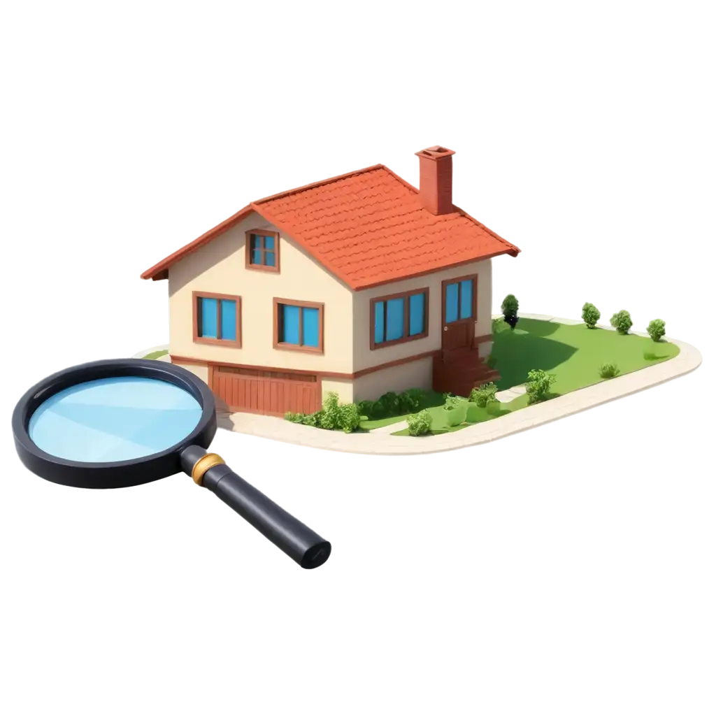 CARTOON REAL ESTATE HOUSE WITH MAGNIFYING LENS AND KEY