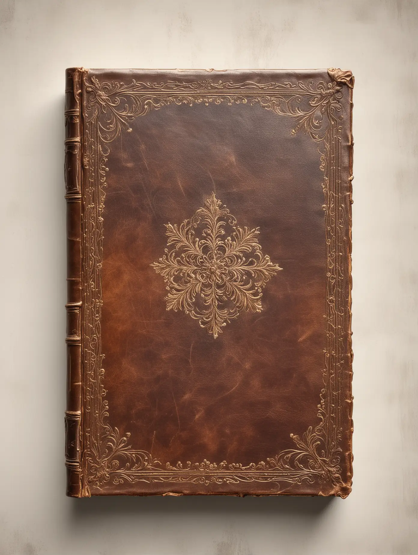 An old book viewed from the front, placed on a white plain background. The cover is made of patinated leather, slightly worn out, with an elegant and refined style. Realistic style, high quality, soft lighting, vintage atmosphere. No text.