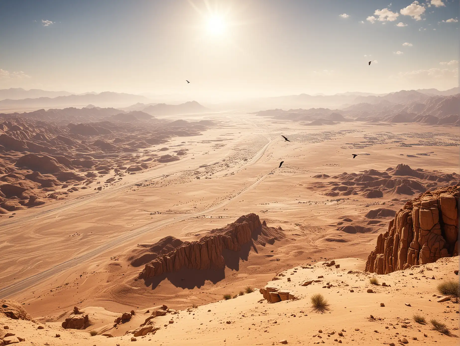 Sunny-Day-Aerial-View-of-Tabuk-Desert-with-Distant-Mountains