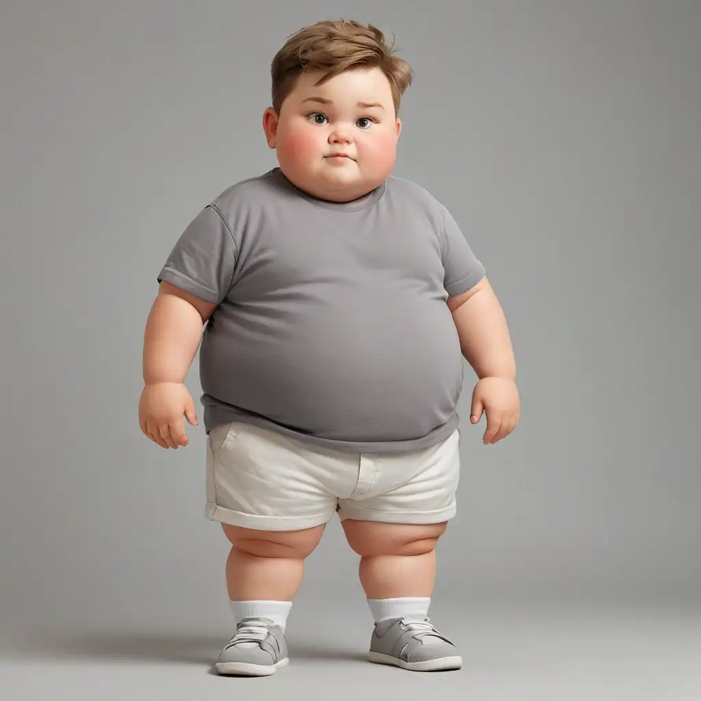 Chubby boy with a belly, Hands behind his back, grey T-shirt, white canvas shorts, socks and sandals