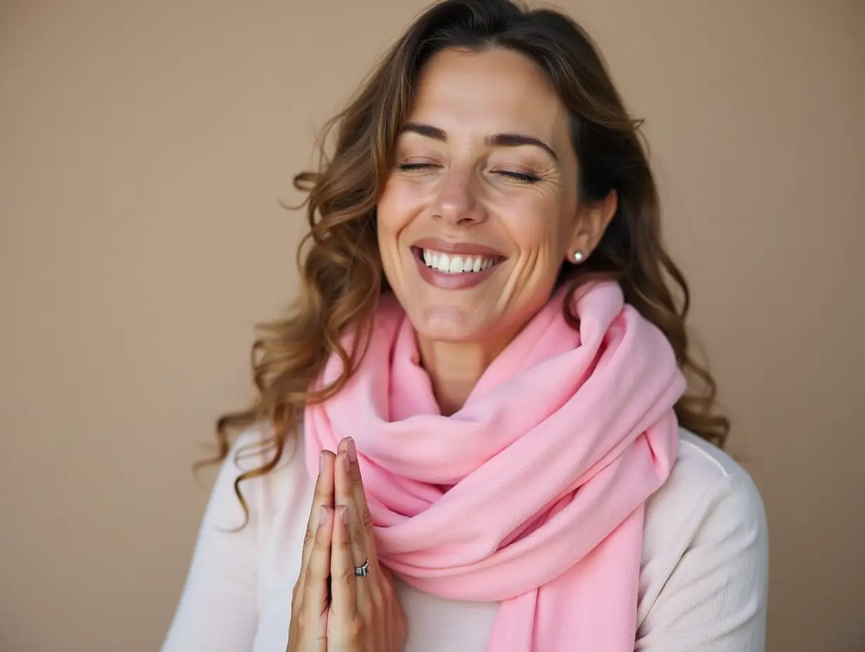 Middle age hispanic woman wearing breast cancer support pink scarf relax and smiling with eyes closed doing meditation gesture with fingers. yoga concept.