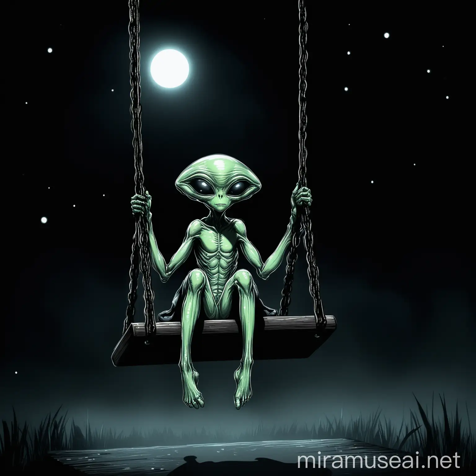 Alien Sitting on Swing in Darkness