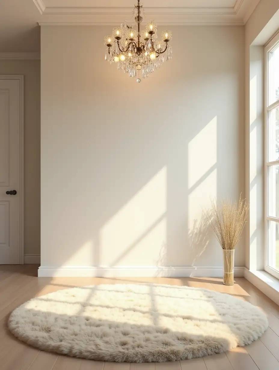 a cozy room, a crystal chandelier, a beige fluffy carpet on a light laminate