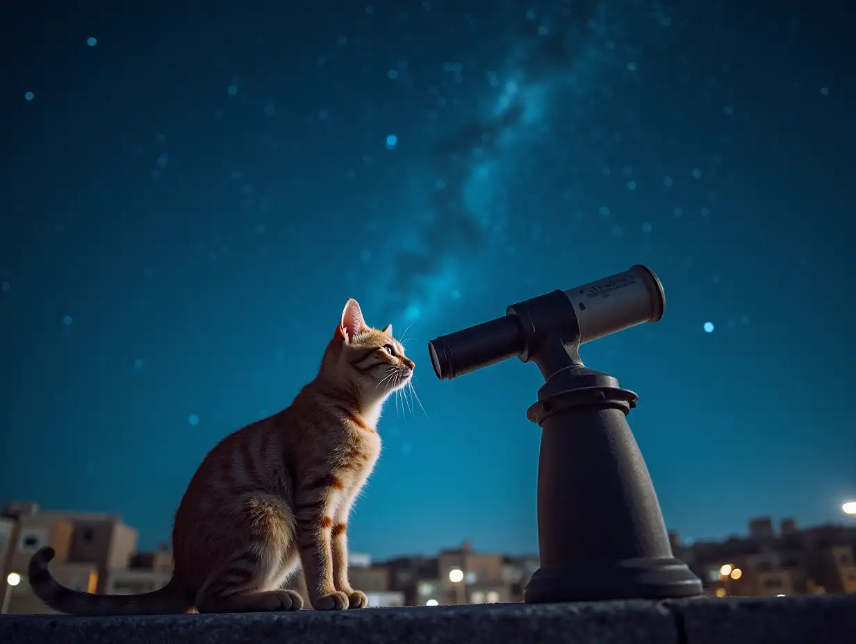 Cat-Gazing-at-Stars-Through-Telescope-on-a-Clear-Night