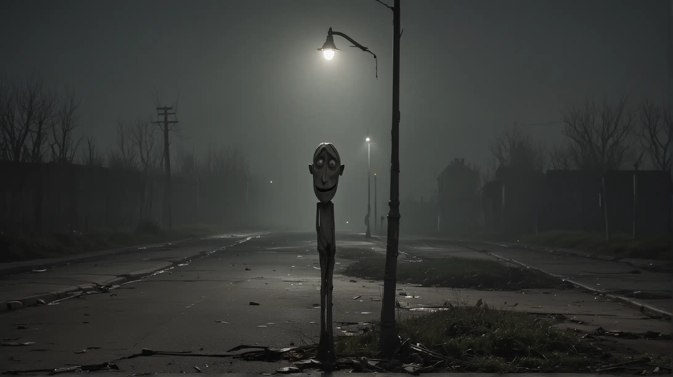 Mysterious Figure under Broken Streetlight at Night