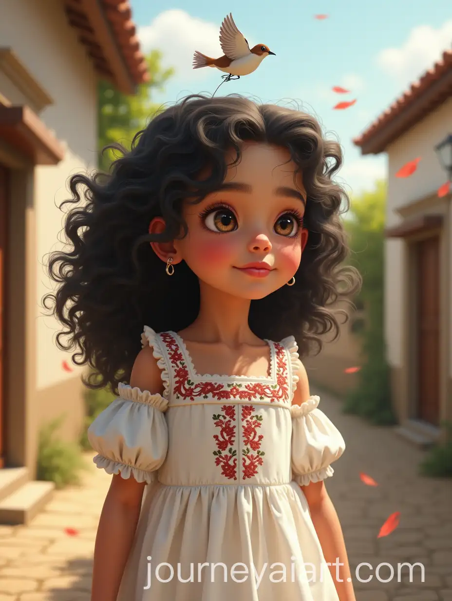 6YearOld-Girl-in-White-Dress-Holding-Bird-on-a-String-in-Aliseda-Cceres-at-Sunset