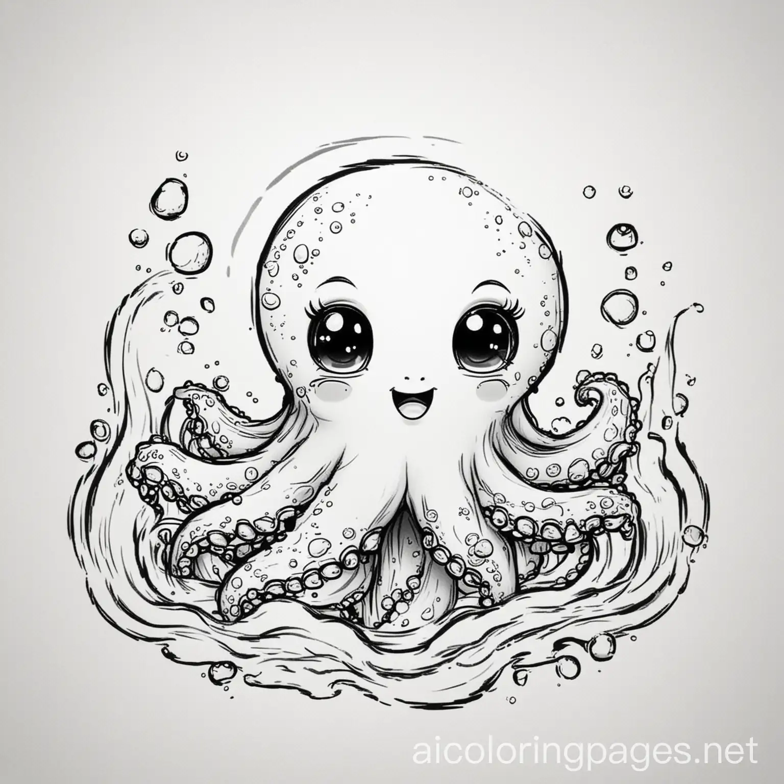 a cute chibi style of a cute little happy baby octopus in the ocean colored, Coloring Page, black and white, line art, white background, Simplicity, Ample White Space. The background of the coloring page is plain white to make it easy for young children to color within the lines. The outlines of all the subjects are easy to distinguish, making it simple for kids to color without too much difficulty