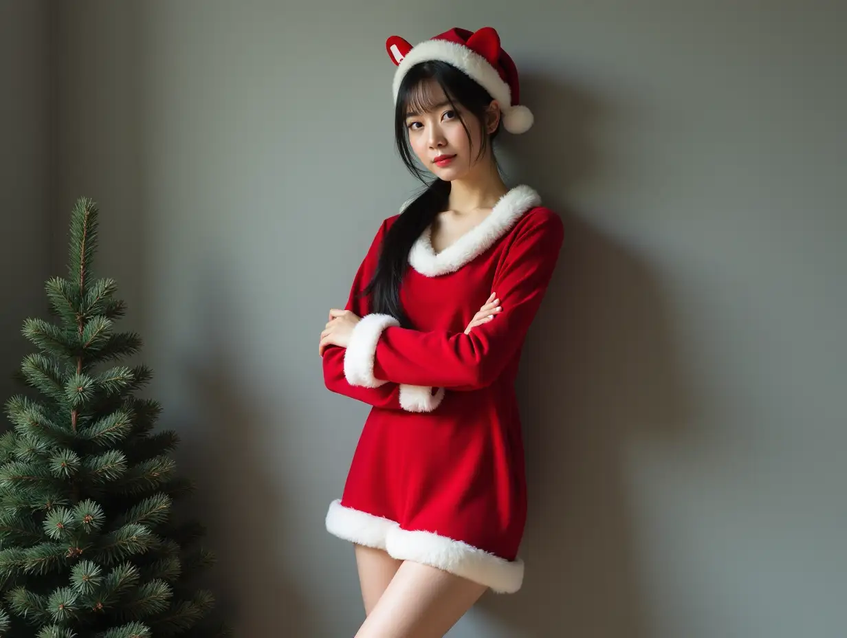 A 18-year-old Japanese girl standing against a gray wall and Christmas tree, wearing a red dress no bra with white fur trim, reminiscent of a Santa Claus outfit. She is also wearing a black ankle boot.  oval face, white and shiny skin, black long hair ponytail, detailed long legs. The individual is posing with one leg crossed over the other and arms crossed. The background is a warm liveroom. This festive attire suggests a holiday or Christmas theme, and the bear ears on the hat add a playful touch to the traditional Santa Claus costume. The photo is no noise and super clean. 8K, masterpiece, Bright sunlight pours in, vintage feel, slight vignette, subsurface scattering effect, sharpness.