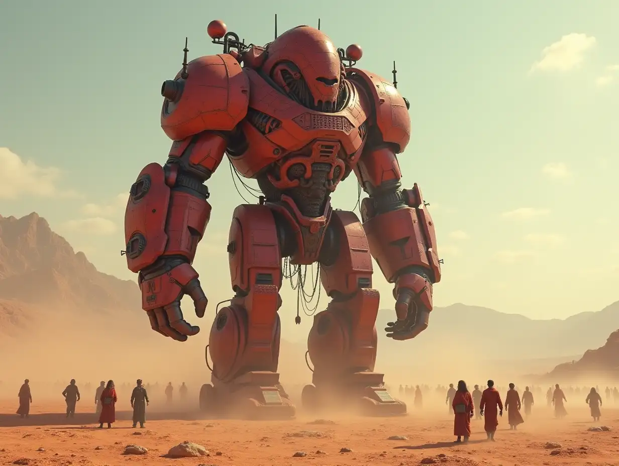 Create for me a 20 meter Android Titan Cyber Troll in rusty red with armor in a vast desert with many people