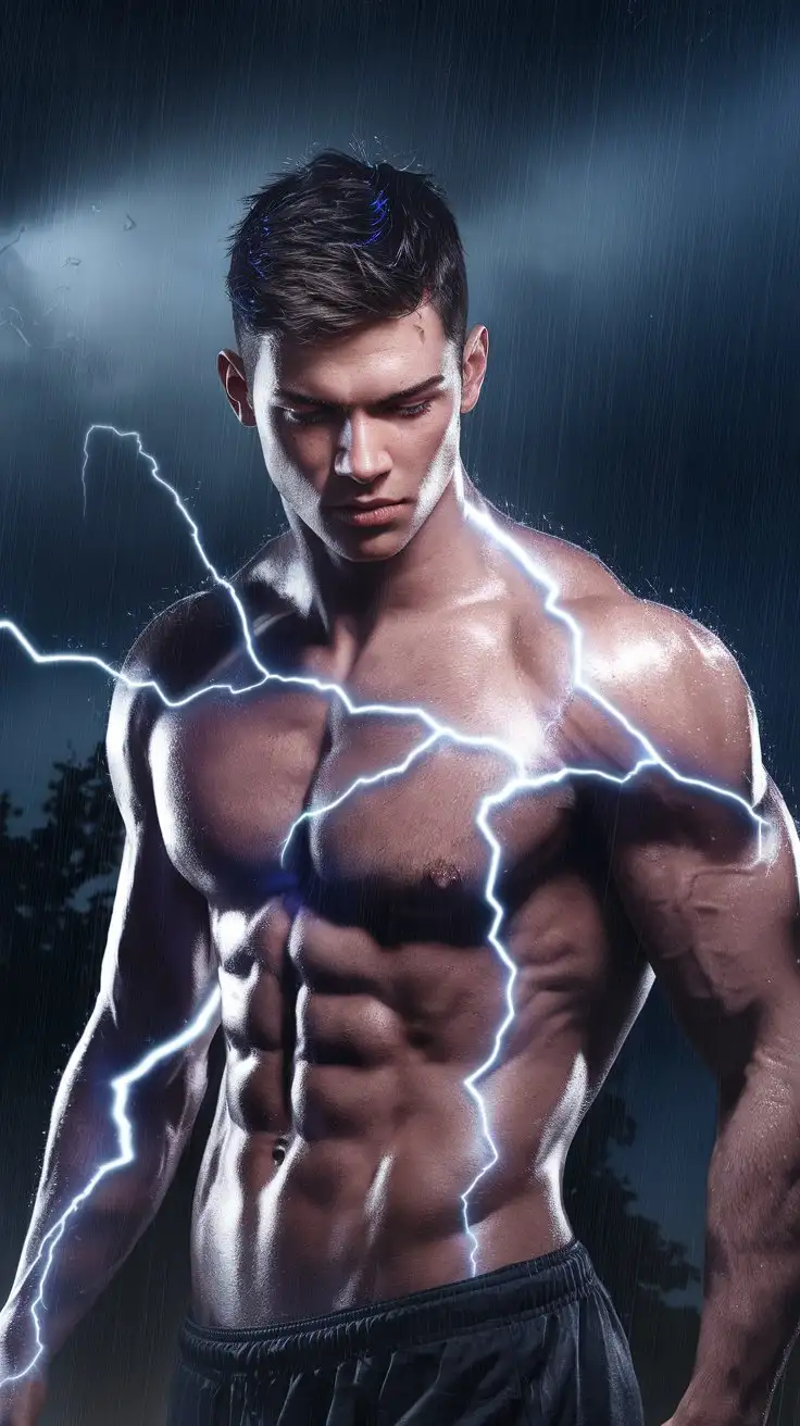 A violent thunderstorm sends luminous blue lightning coursing through the body of an athletic college guy. 18 years old. Photorealistic.