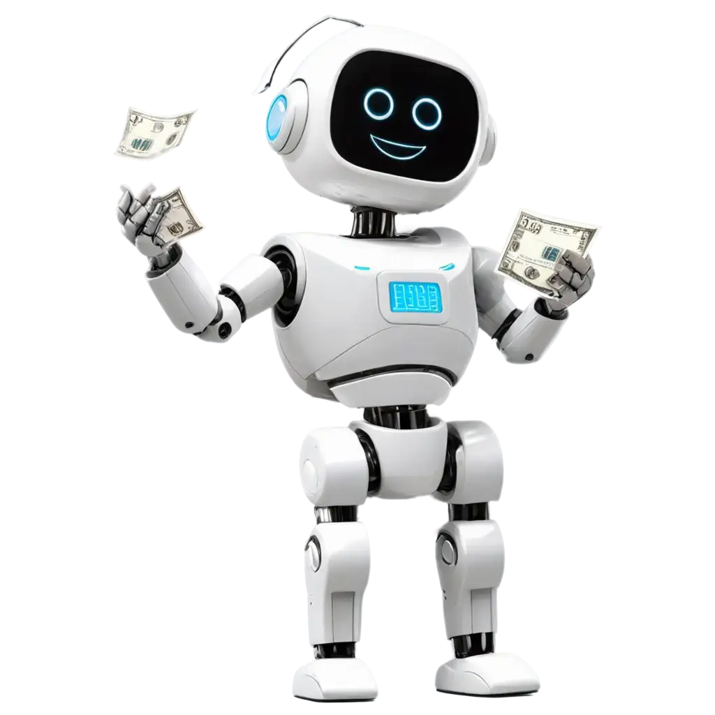 Cute-White-Synthetic-Robot-Laughing-with-Money-PNG-Image-HighQuality-Transparent-Format