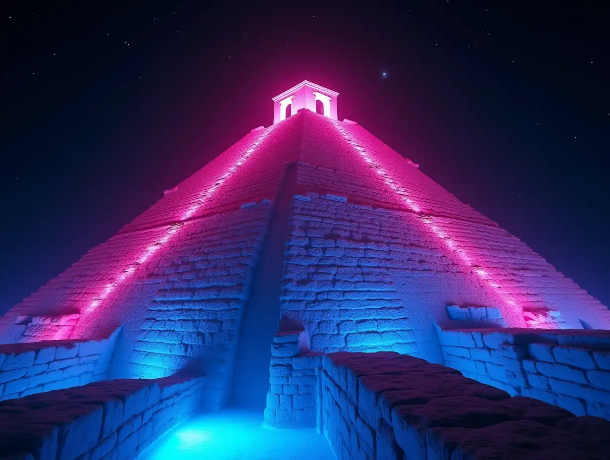 Gilbert Williams, 4k Film Still, Lights, Camera, action, Neon Pink Ziggurat of Mesopotamia, Mesopotamian architecture, middle eastern architecture, Starlit Night, Neon Pink and neon blue lighting, neon blue underwater lighting, Ziggurat of Uruk with temple at top, intricate detail, exquisite detail, 120 mm film still footage