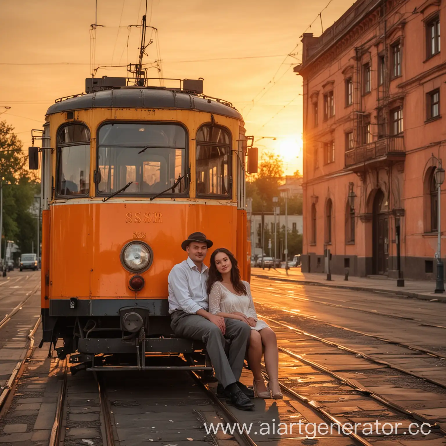 Romantic-Couple-on-Vintage-Tram-at-Sunset-Love-Story-in-USSR-Era