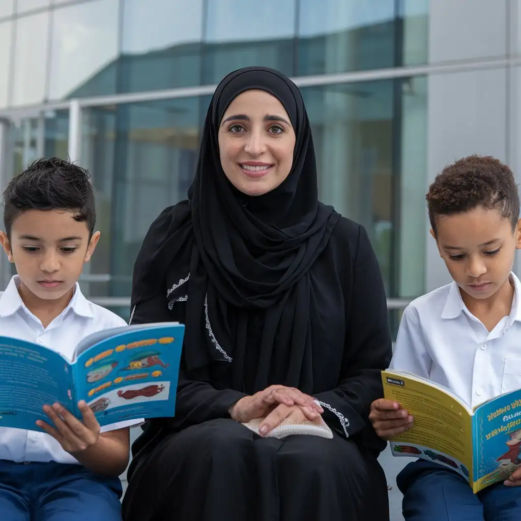 Muslim-Gulf-Woman-with-Hijab-Sitting-with-Two-Children-Reading-Books