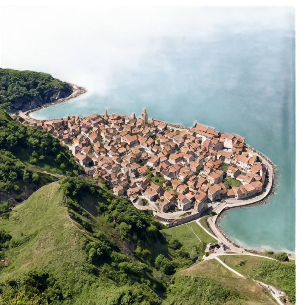 Medieval-Village-View-from-Above-the-Sea-PNG-Image-Capturing-Historic-Charm-and-Coastal-Beauty