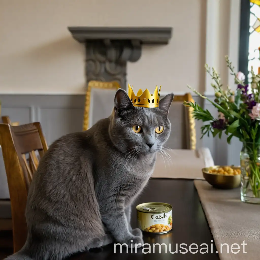 Gray Cat with Golden Crown Dining in Castle with Canned Food