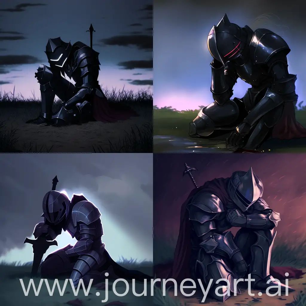 Defeated-Black-Knight-in-Reflective-Pose-on-Fields-90s-Anime-Style