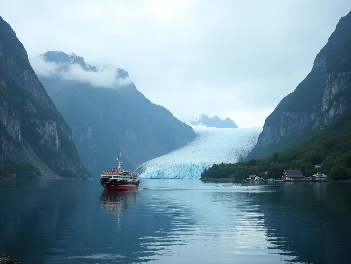 Scenic-Halsa-Fjord-Landscape-with-Svartisen-Glacier-and-Tourist-Boat