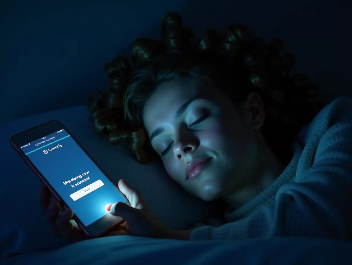 A smartphone at night showing a booking confirmation via Calendly. The screen’s glow illuminates a sleeping salon owner with curlers in her hair. Soft shadows, bluish moonlight, cozy atmosphere.