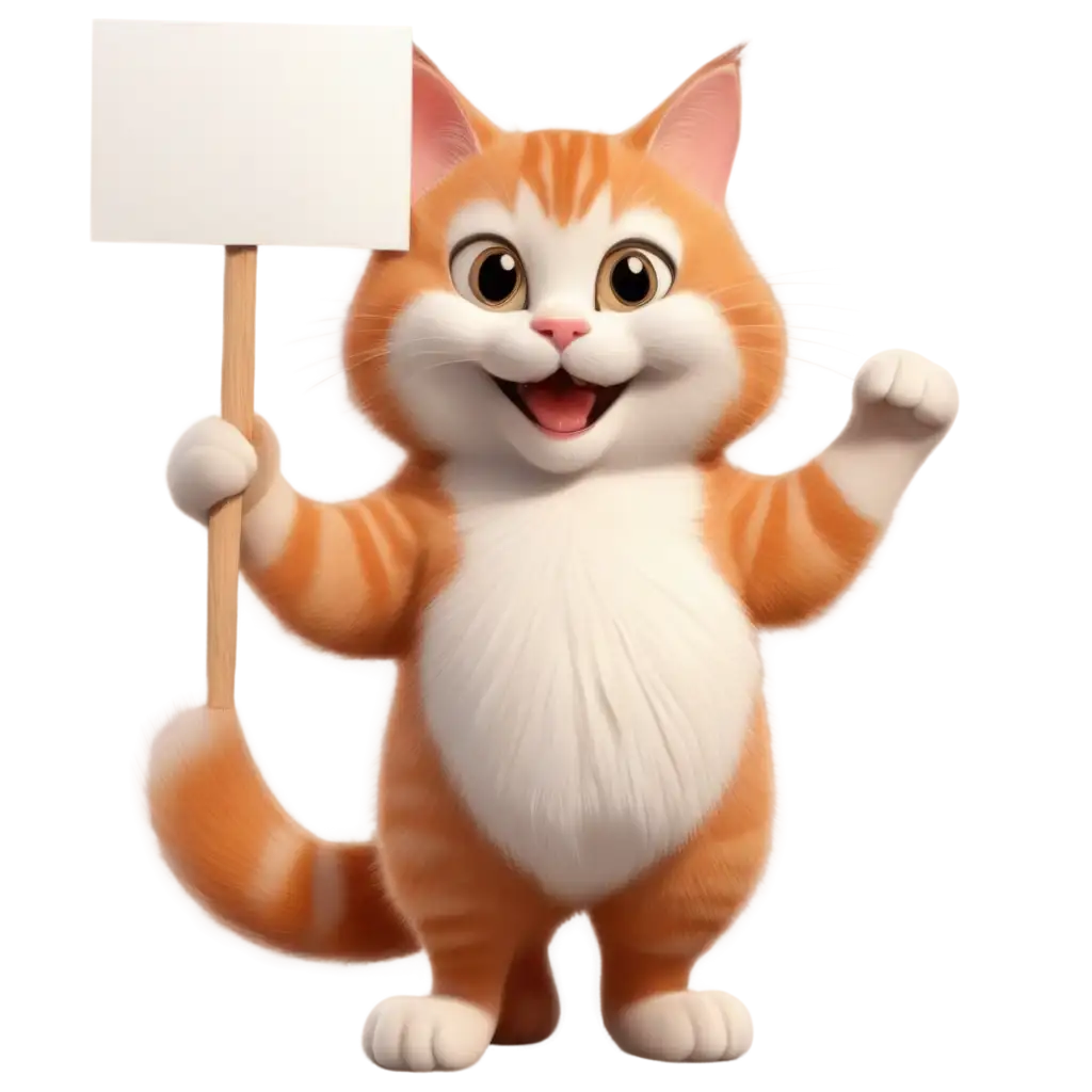 a cute cat with a big smile.  The cat has ginger and white fur and is holding a sign. make the image realistic