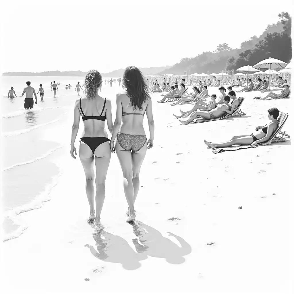 black and white watercolor painting of two women wearing bikini walking out of the ocean on to the shore a crowd of people enjoying the beach on the sand some are sunbathing on towels, others relax under a parasol in beach chairs view from behind the two women with the lively action on the sandy beach background