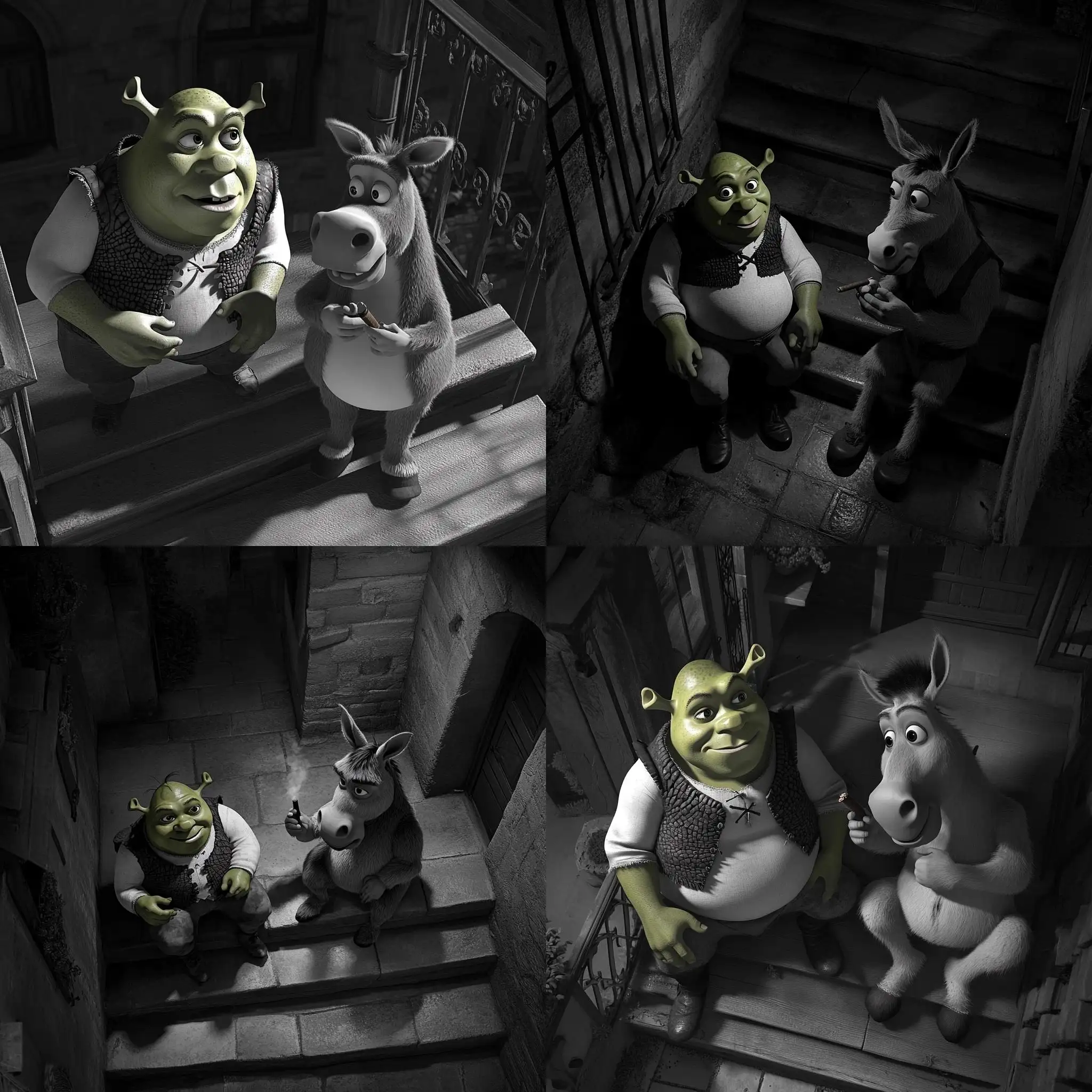 Shrek-and-Donkey-Talking-on-Stairs-in-Black-and-White-CCTV-Footage