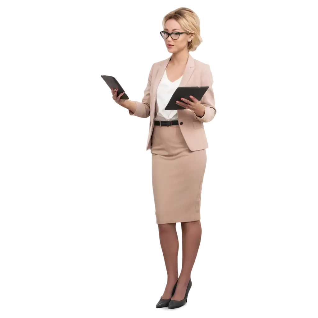 wedding consultant in elegant attire glasses and tablet in hands