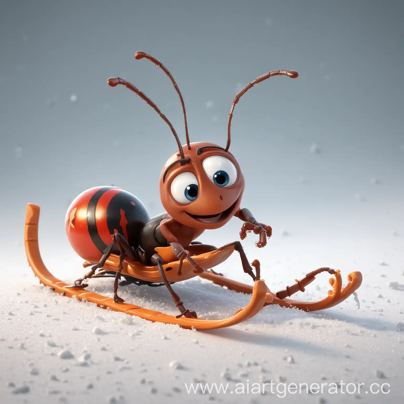 Cartoon-Ant-Sledding-Downhill-in-Winter-Fun-Scene