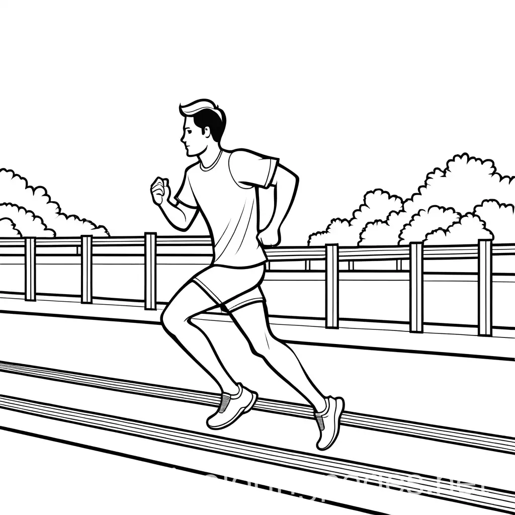 A man running touches the finishing line, Coloring Page, black and white, line art, white background, Simplicity, Ample White Space. The background of the coloring page is plain white to make it easy for young children to color within the lines. The outlines of all the subjects are easy to distinguish, making it simple for kids to color without too much difficulty