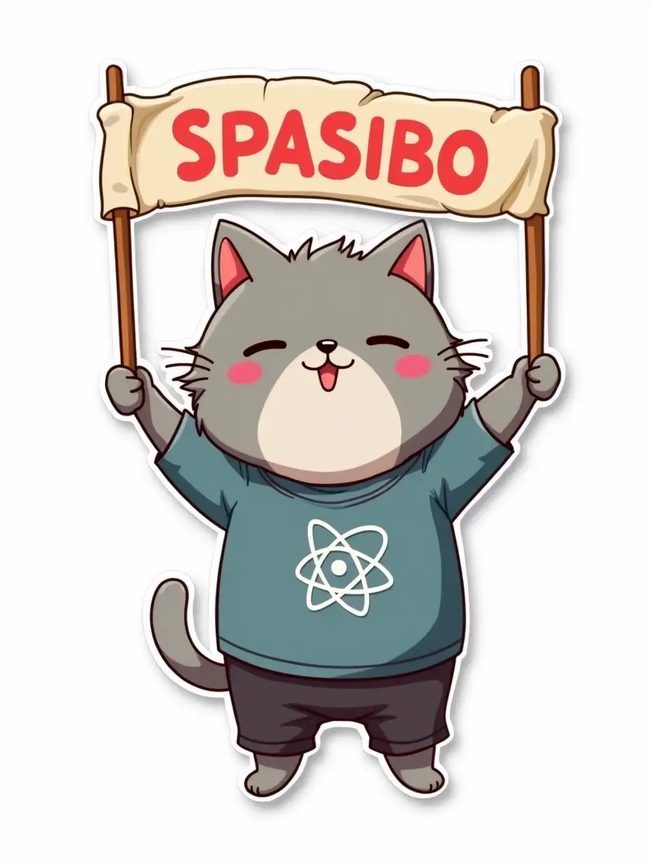 A curvilinearly cut sticker depicting a kawaii positive fluffy little gray cat in office clothes with an atom symbol on t-shirt. A gray cat holds a banner with the inscription SPASIBO on wooden handles above his head on his outstretched arms. Vibrant and dynamic die cut sticker design top-view, high resolution, vector art, white background, paint in anime style