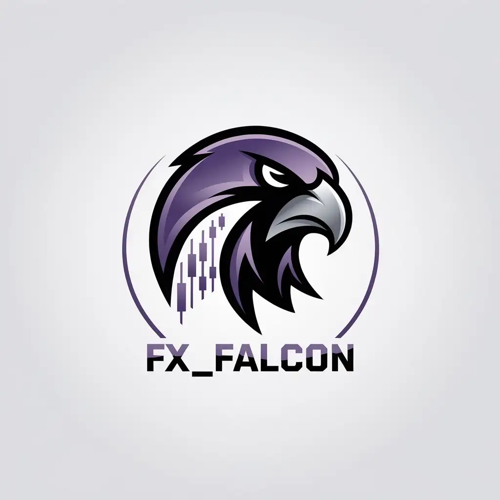 LOGO Design for FXFALCON Aggressive Falcon Head with Forex Candlesticks and Metallic Purple Background