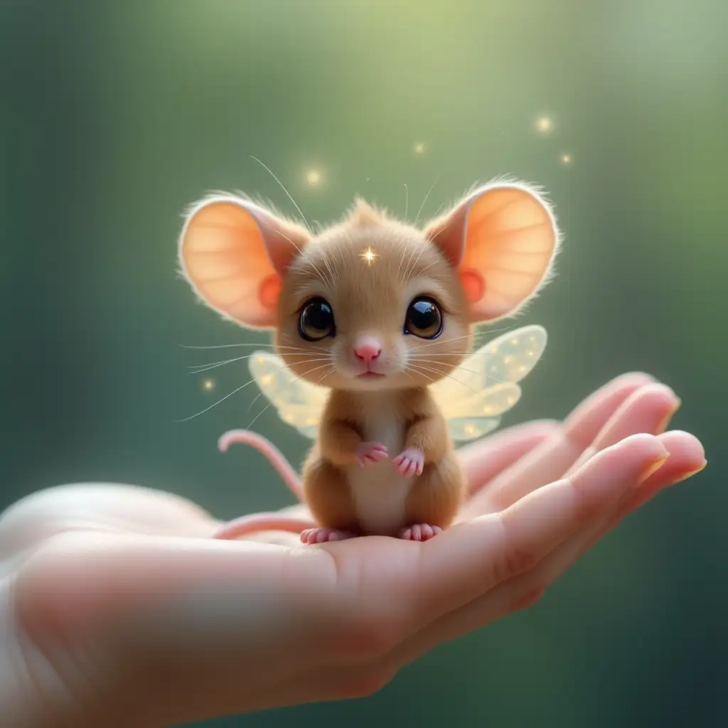 A tiny, enchanted mouse with light brown fur, sitting peacefully on a human hand, its wings translucent and dusted with a soft sparkle. Its large, bright eyes are filled with wonder, while its tiny ears perk up at the softest sounds. The star on its forehead pulses faintly, glowing like a hidden secret. The hand, outstretched as though offering protection, stands against a blurred, gentle background of soft greens and blues.