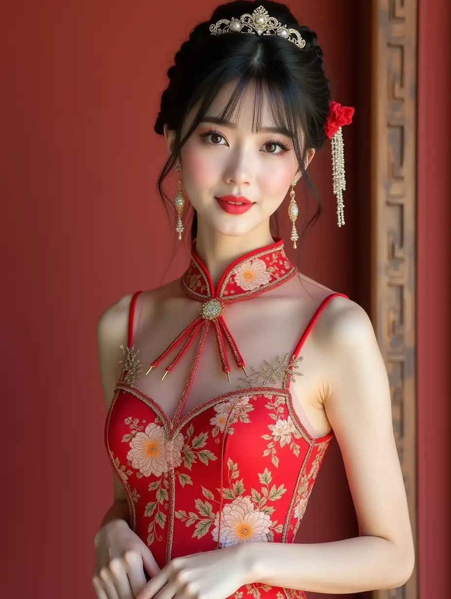 Gorgeous-Woman-in-Qipao-with-Braided-Wedding-Hairstyle-and-Flirty-Pose